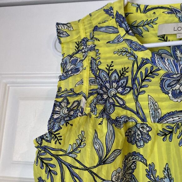 Loft Yellow with Blue Flowers Ruffle Sleeve Top Size Small - Picture 5 of 10